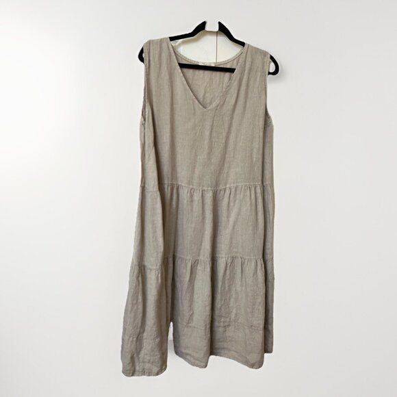 Bellambia 100% Linen Midi Dress Womens 1x Tan Beige Tiered Boho Prairie - Picture 1 of 8